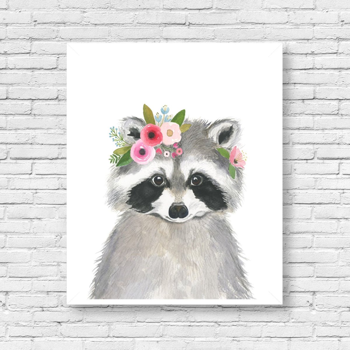 Енот с цветами акварель