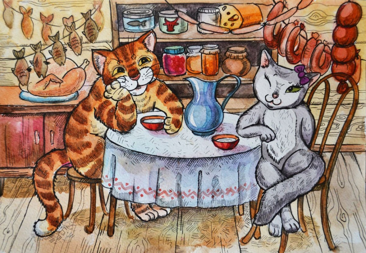 Кошка пьет чай