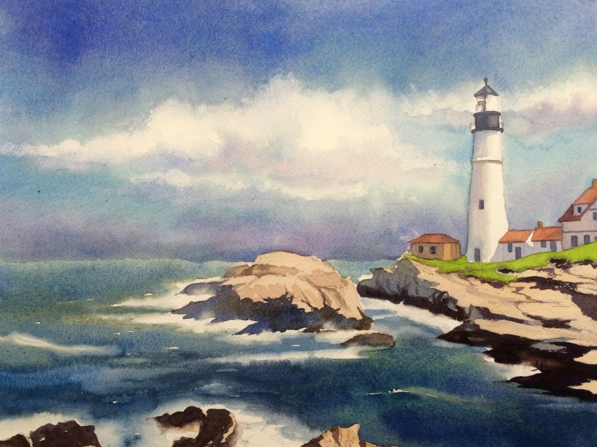 Акварель море Маяк