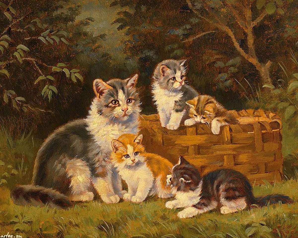 Репродукция кошка с котятами