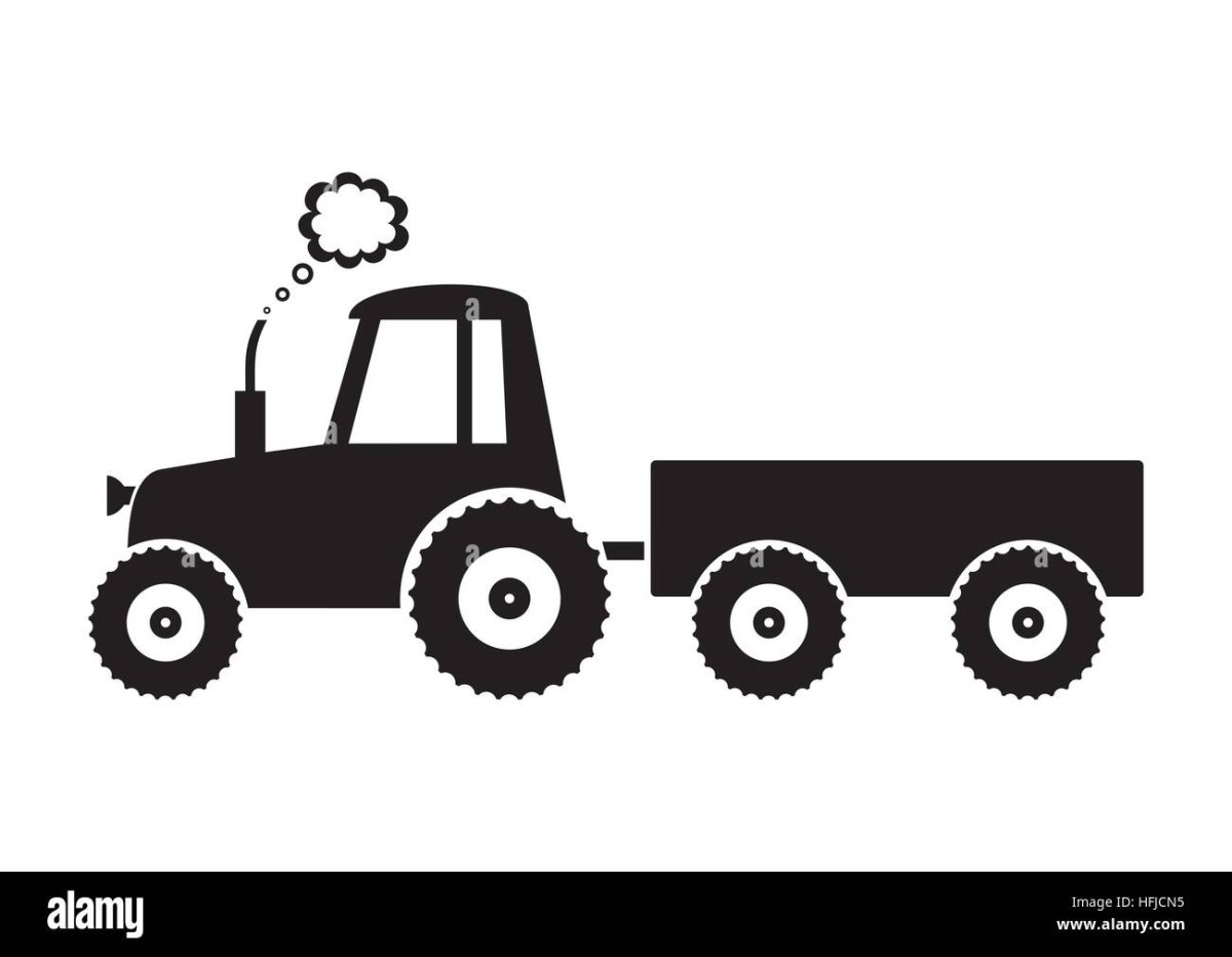 Трактор с прицепом черно-белое