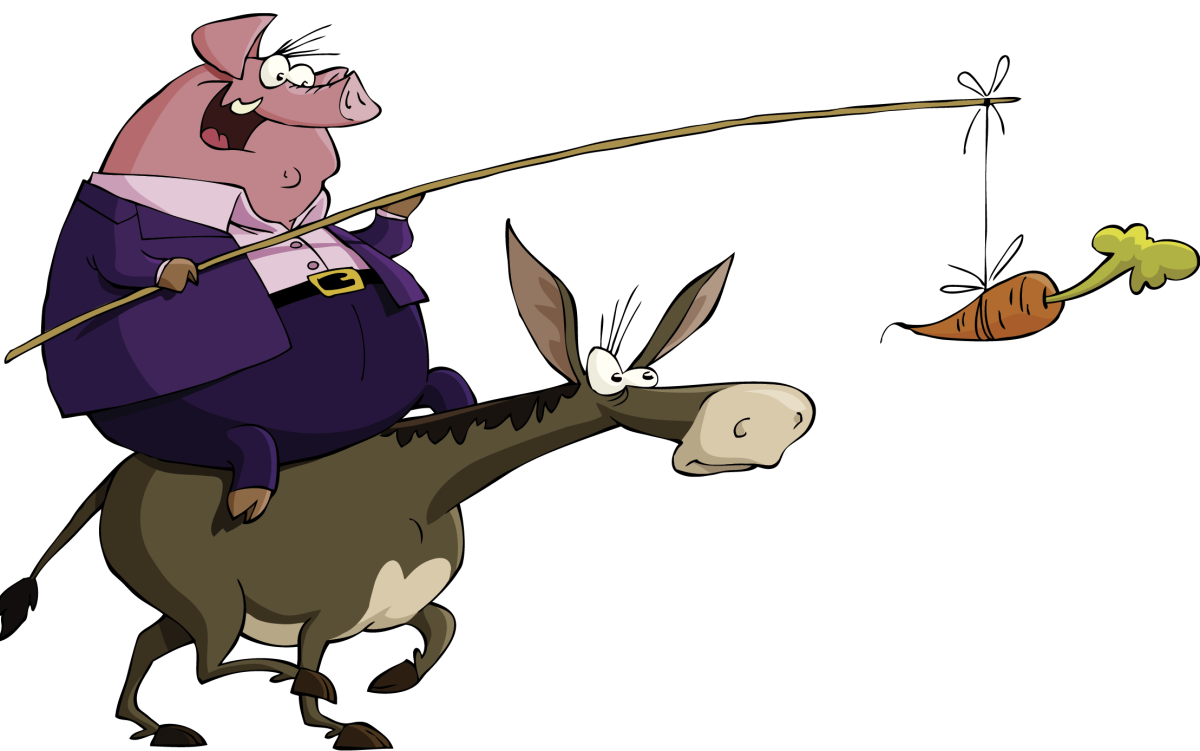 Ослик с морковкой перед носом