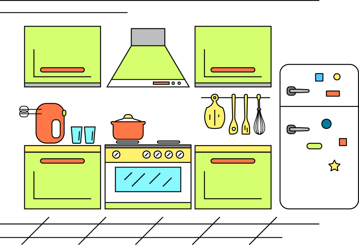 Нарисовать кухню с мебелью