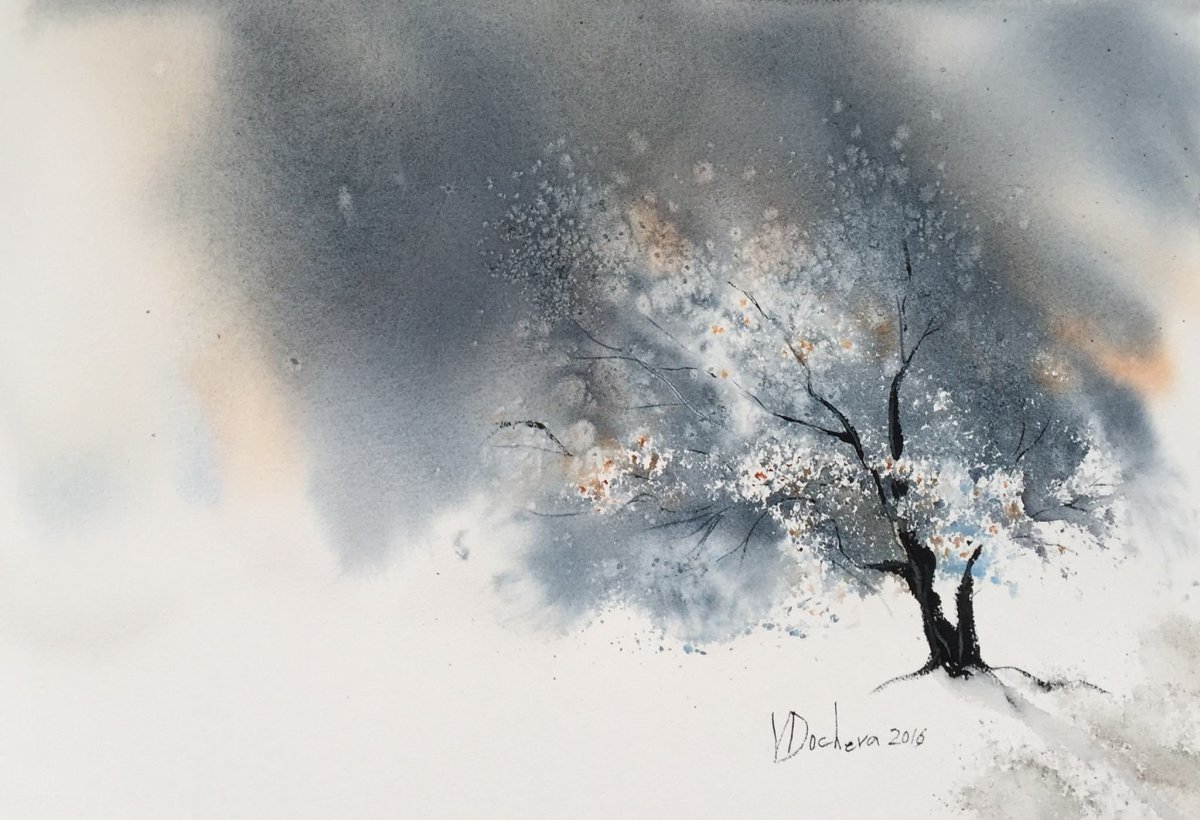 Зима абстракция акварель