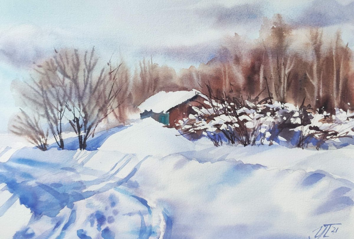 Зимний пейзаж акварелью белое на белом