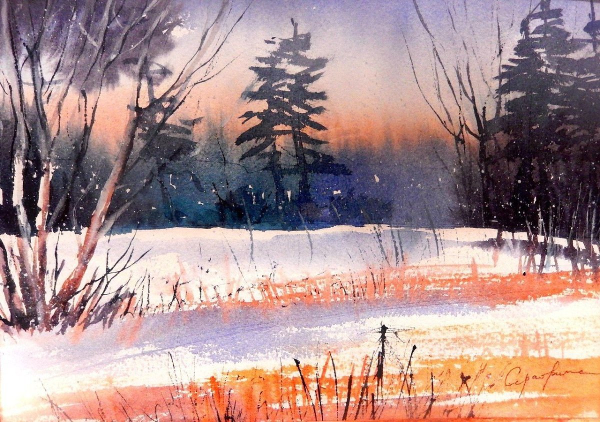 Зимний пейзаж гуашью