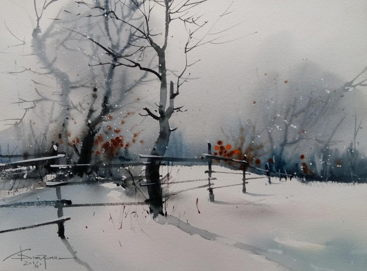 Зимний пейзаж с людьми акварелью