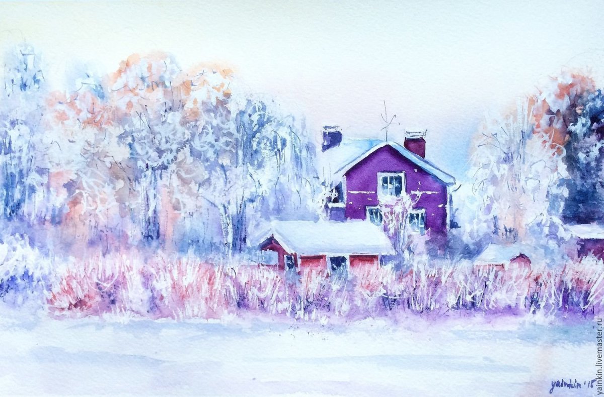 Новогодний пейзаж акварелью