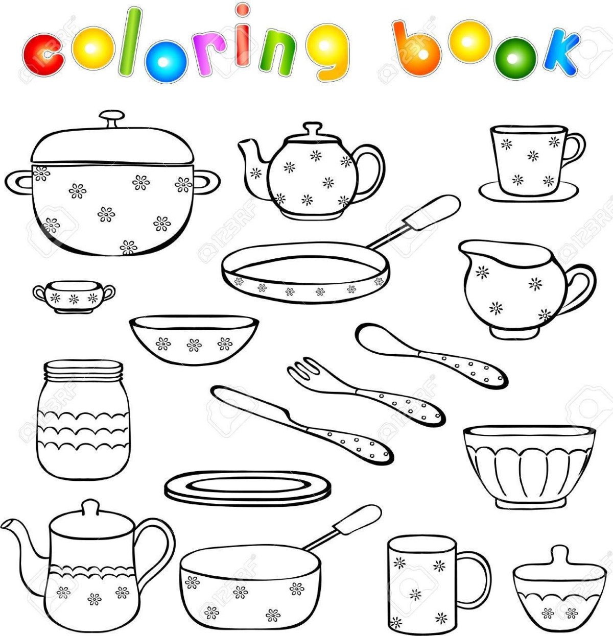 Раскраска кухня для детей посуда
