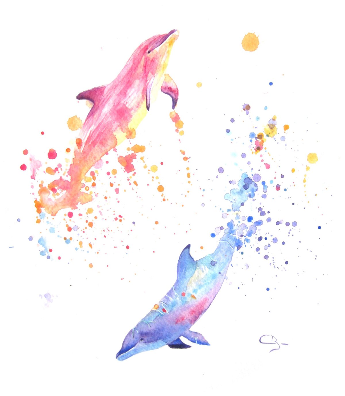 Дельфин акварелью