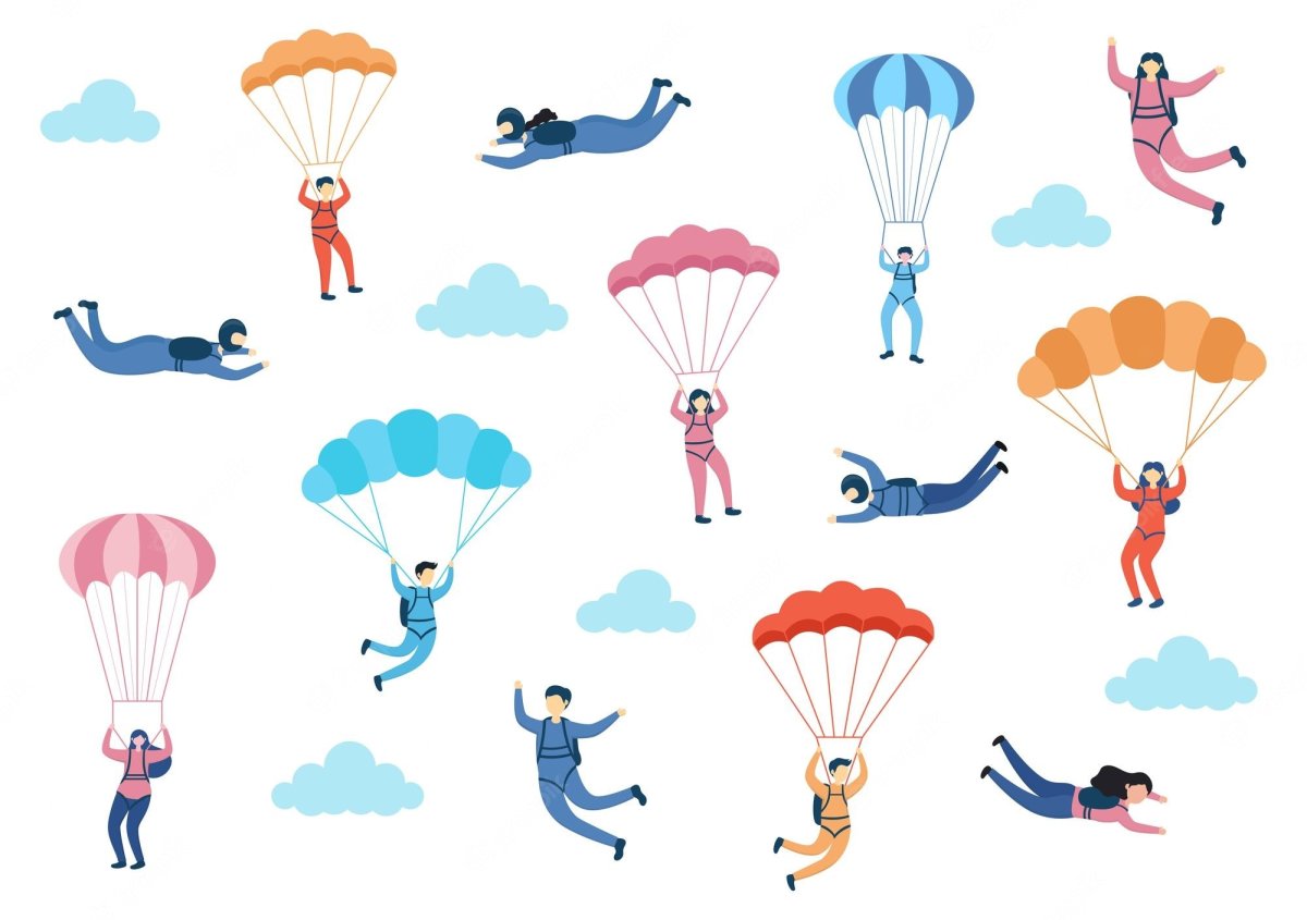 Вектор мультяшные персонажи на 23 февраля с парашютом