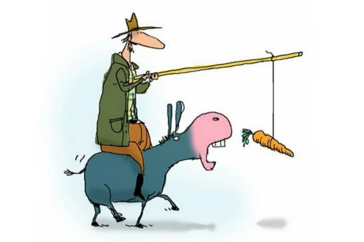 Ослик с морковкой перед носом