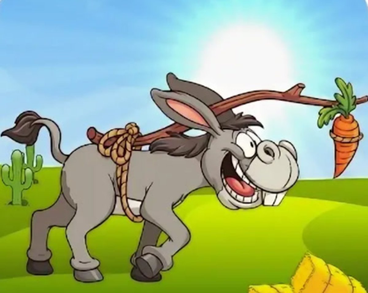 Ослик с морковкой перед носом