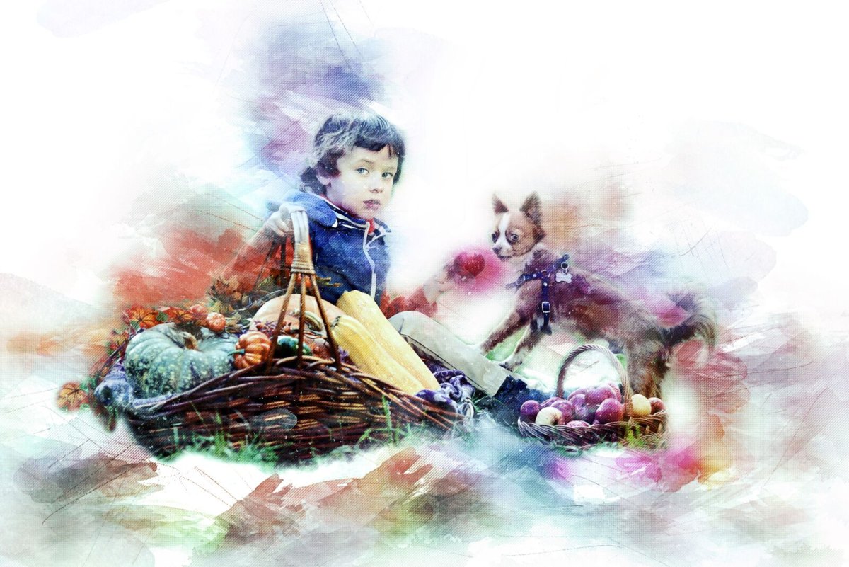 Обои декор Постер рисунок мальчик собака радость