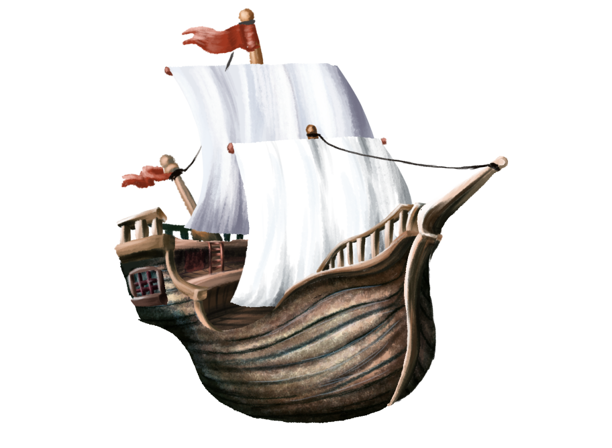 Сказочный корабль на белом фоне