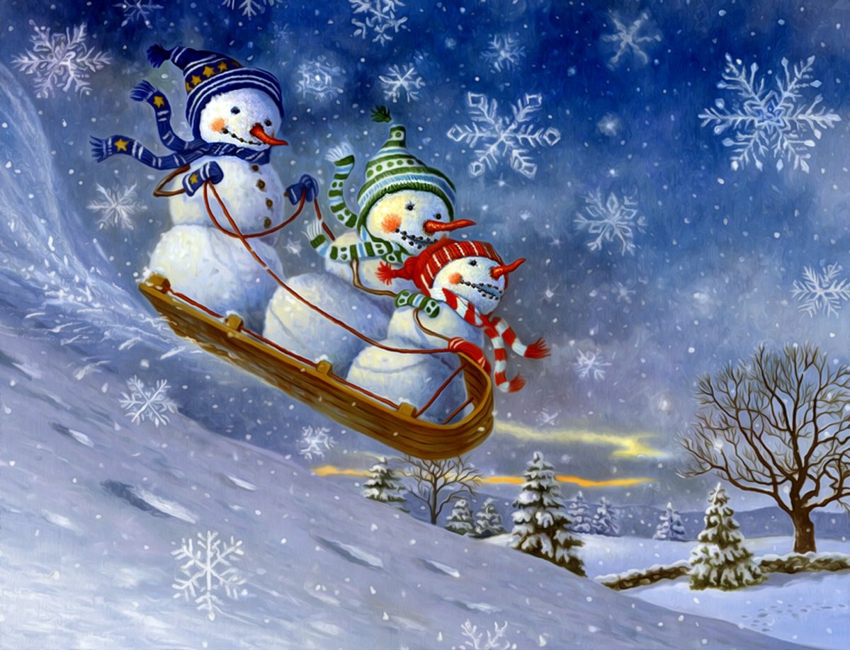 Снеговики катаются с горки