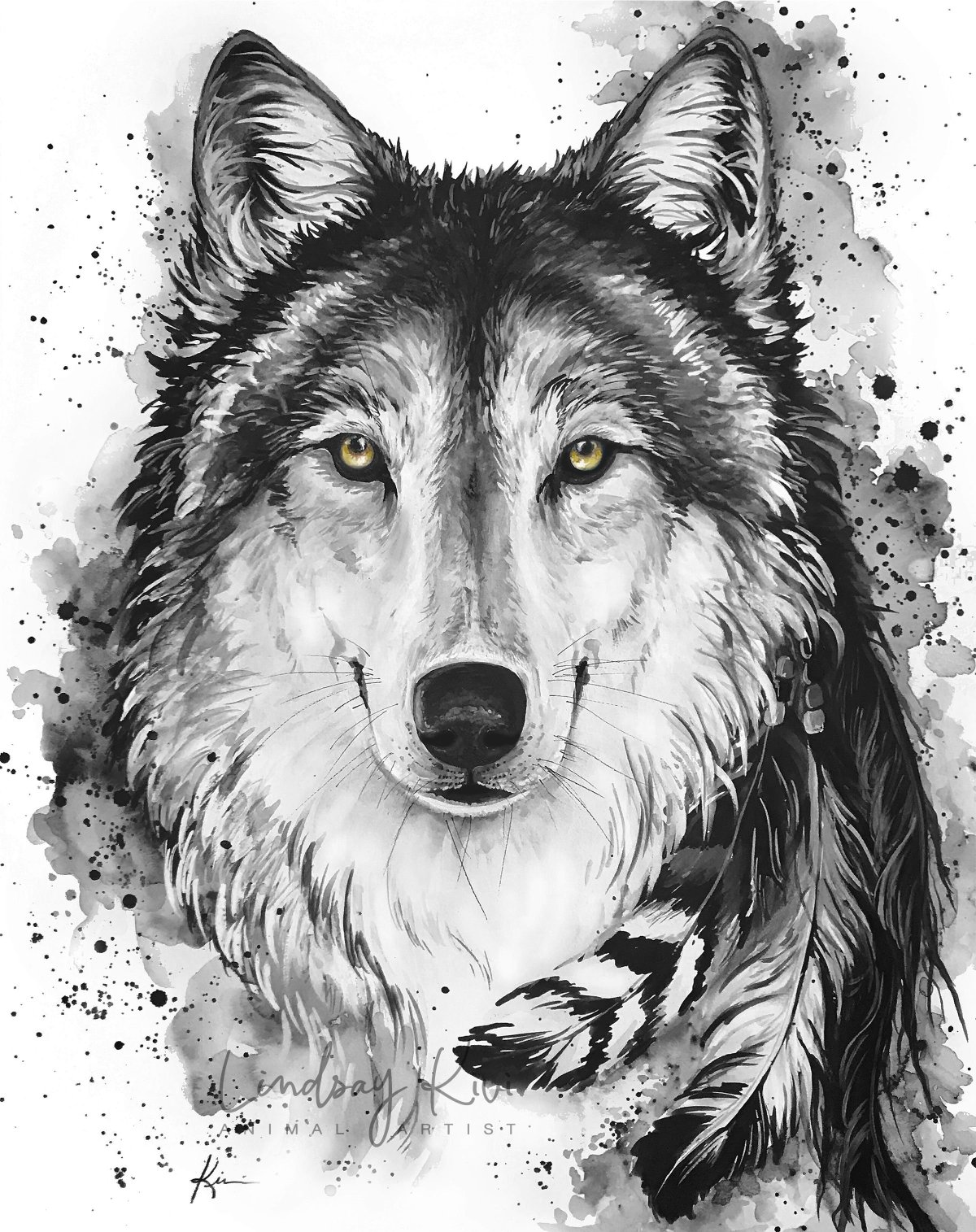 Волк акварелью