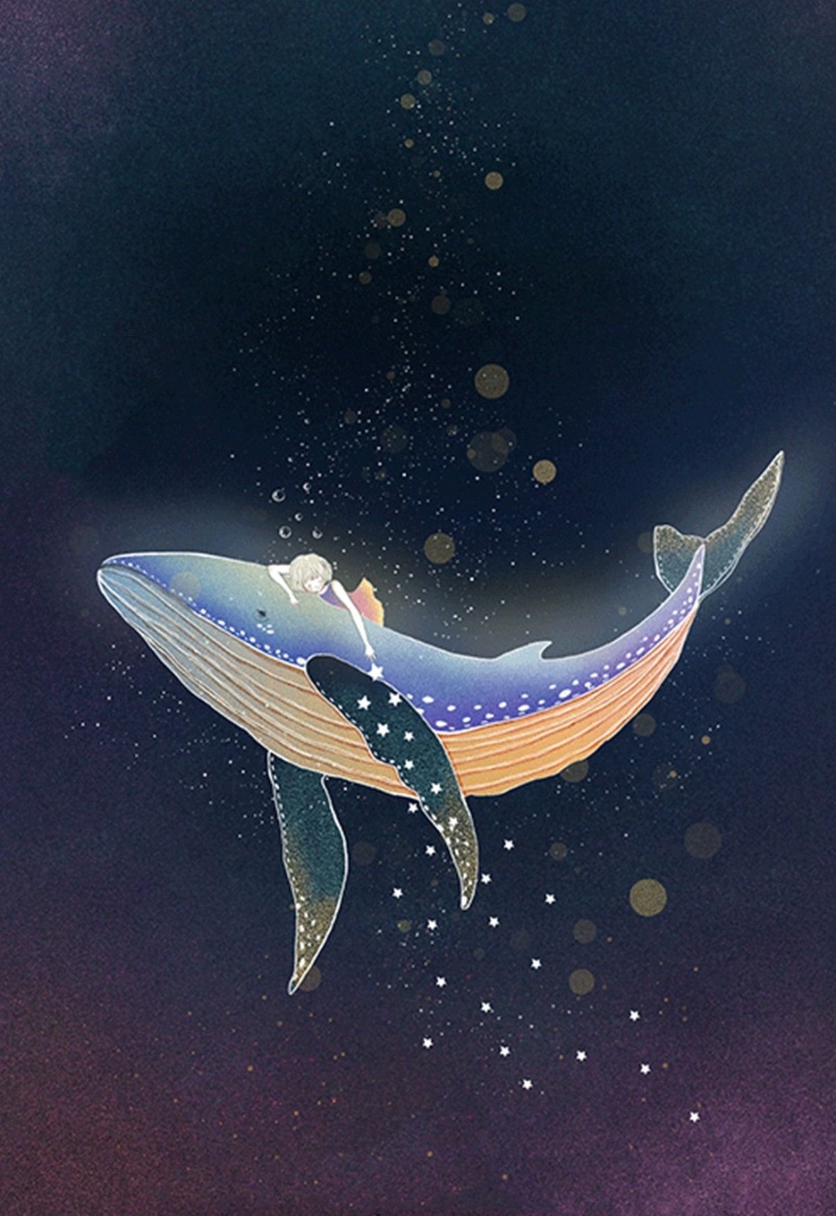 Кит и девочка акварель