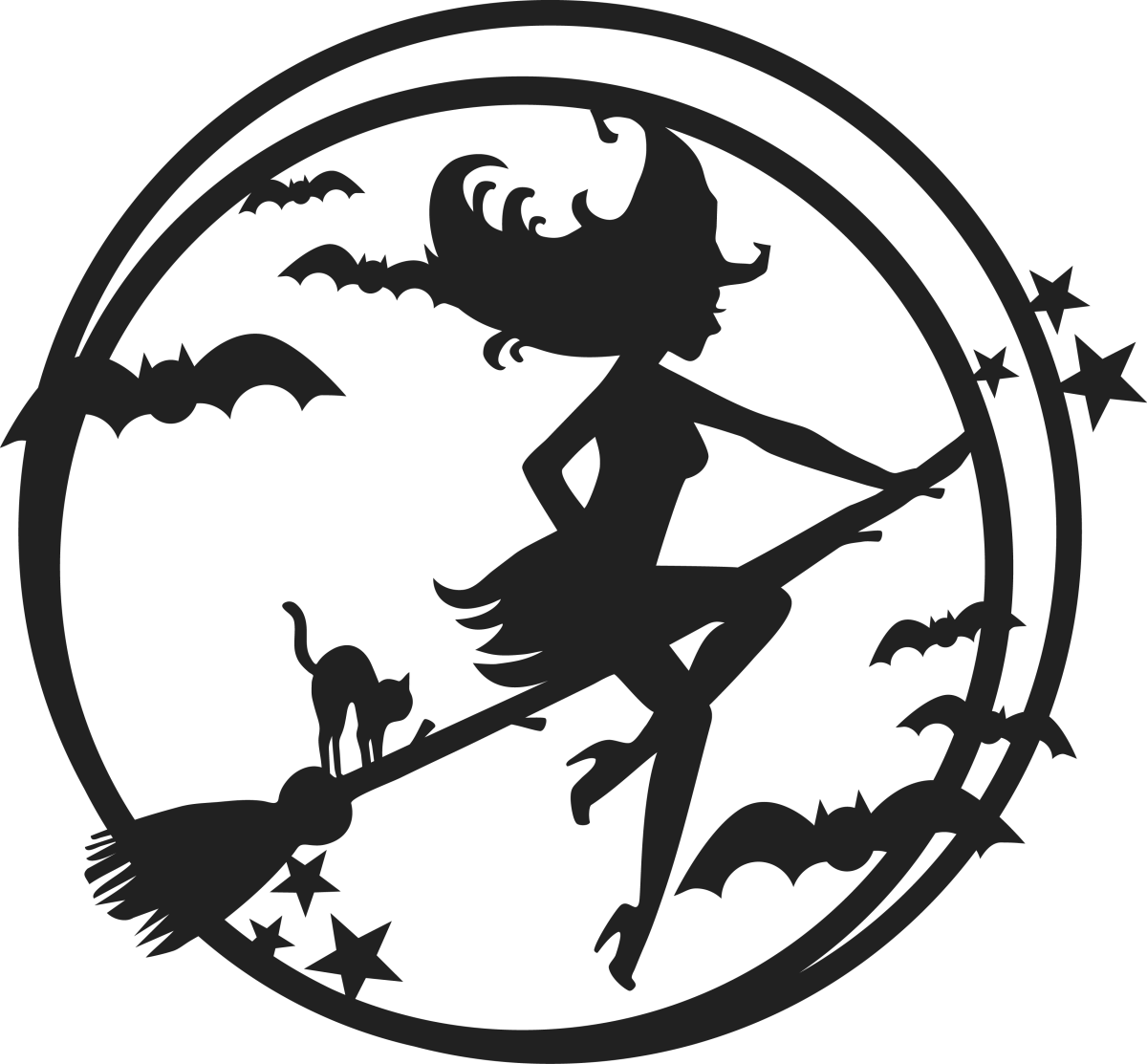 Силуэт ведьмы на метле на фоне Луны