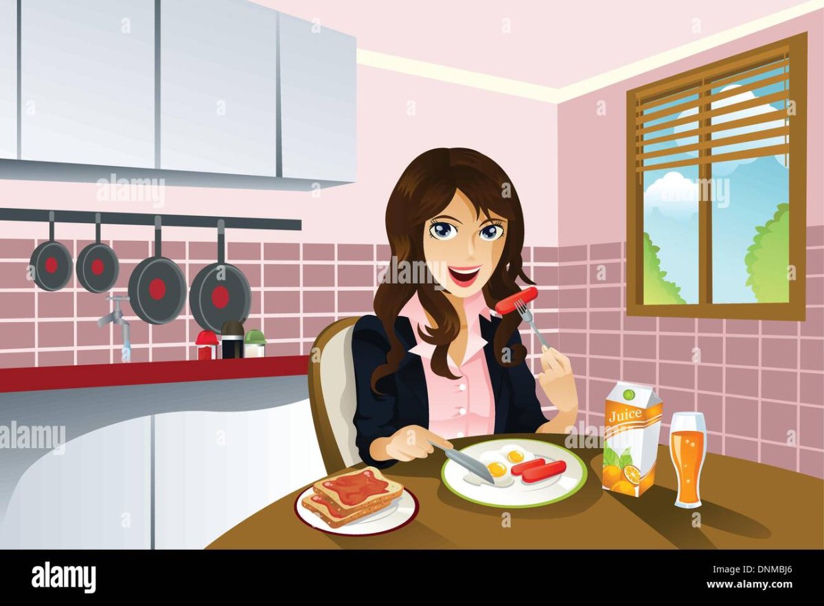 Нарисованная девушка завтракает