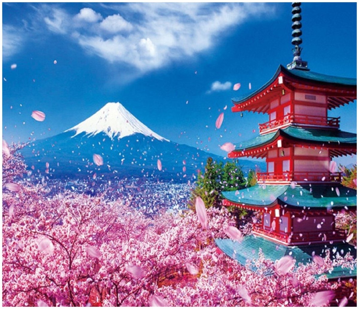 Гора Фудзияма и храм в Сакуре
