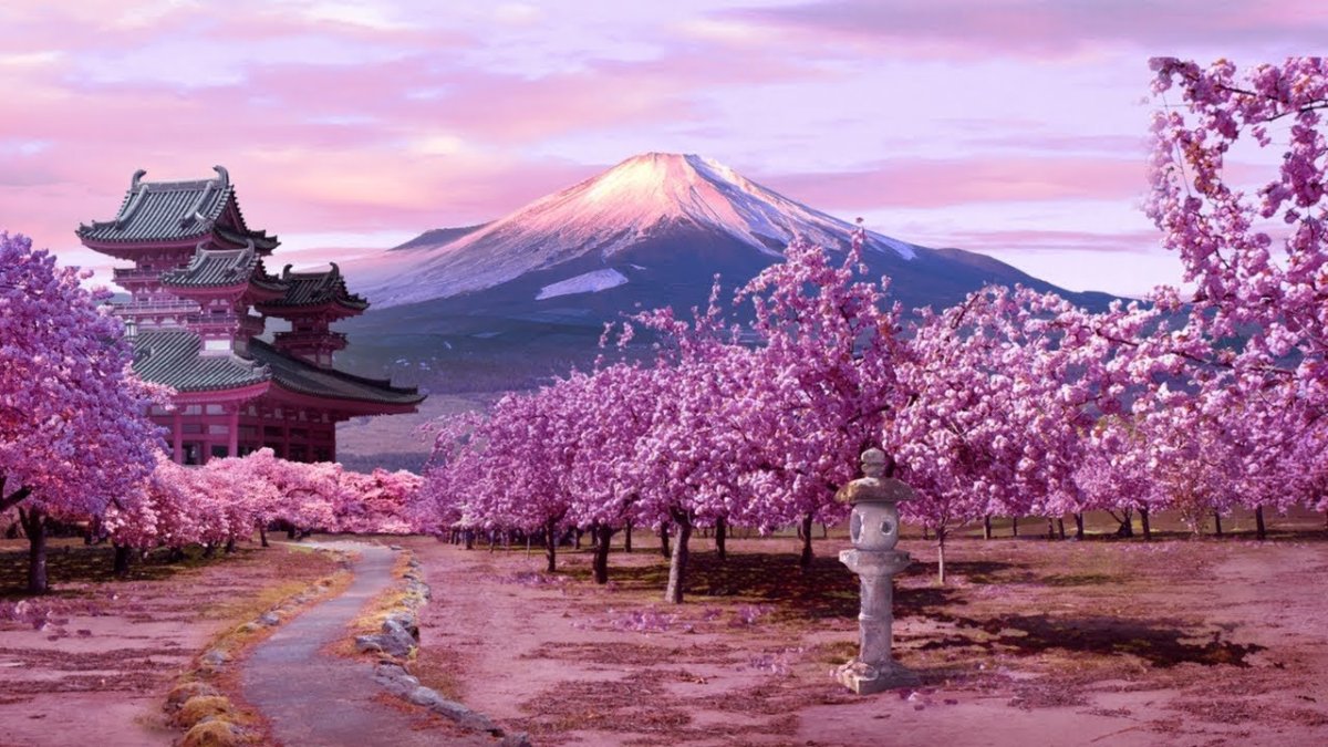 Гора Фудзияма и храм в Сакуре