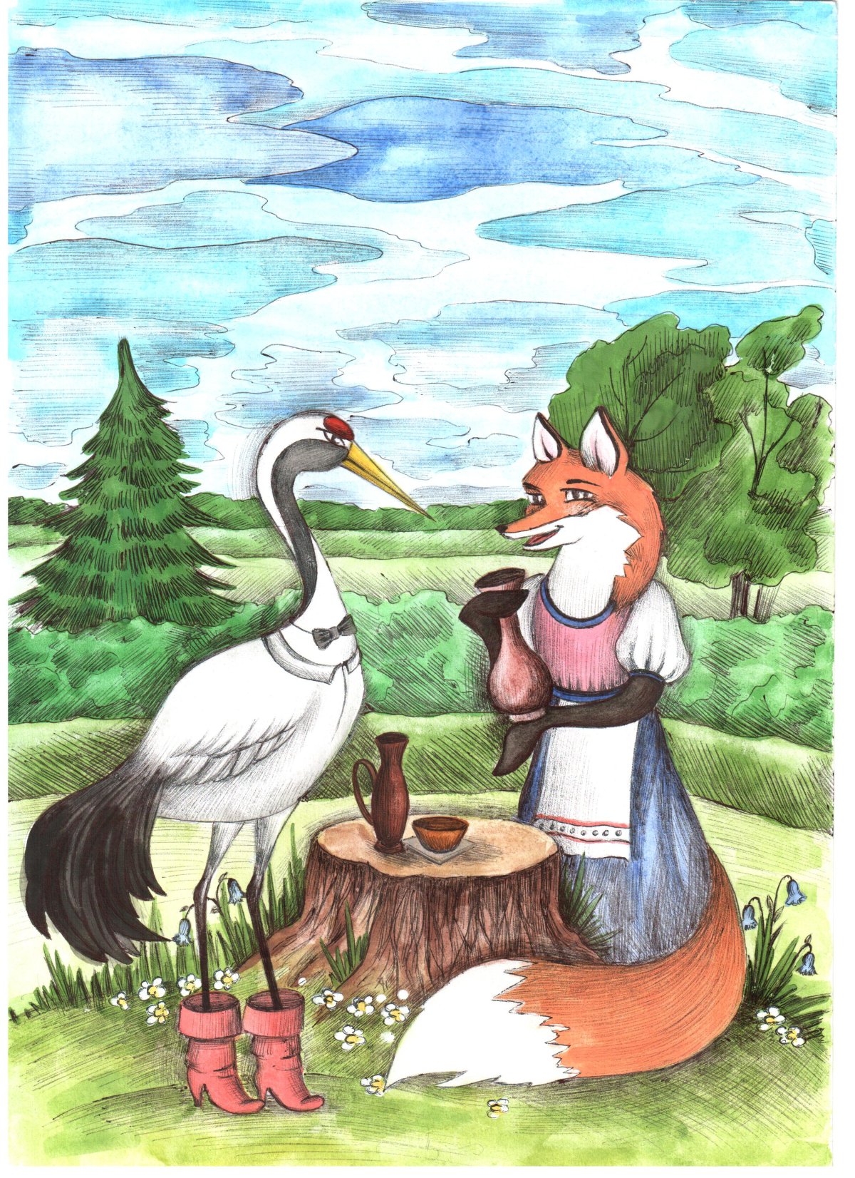 Маленький рисунок лиса и журавль