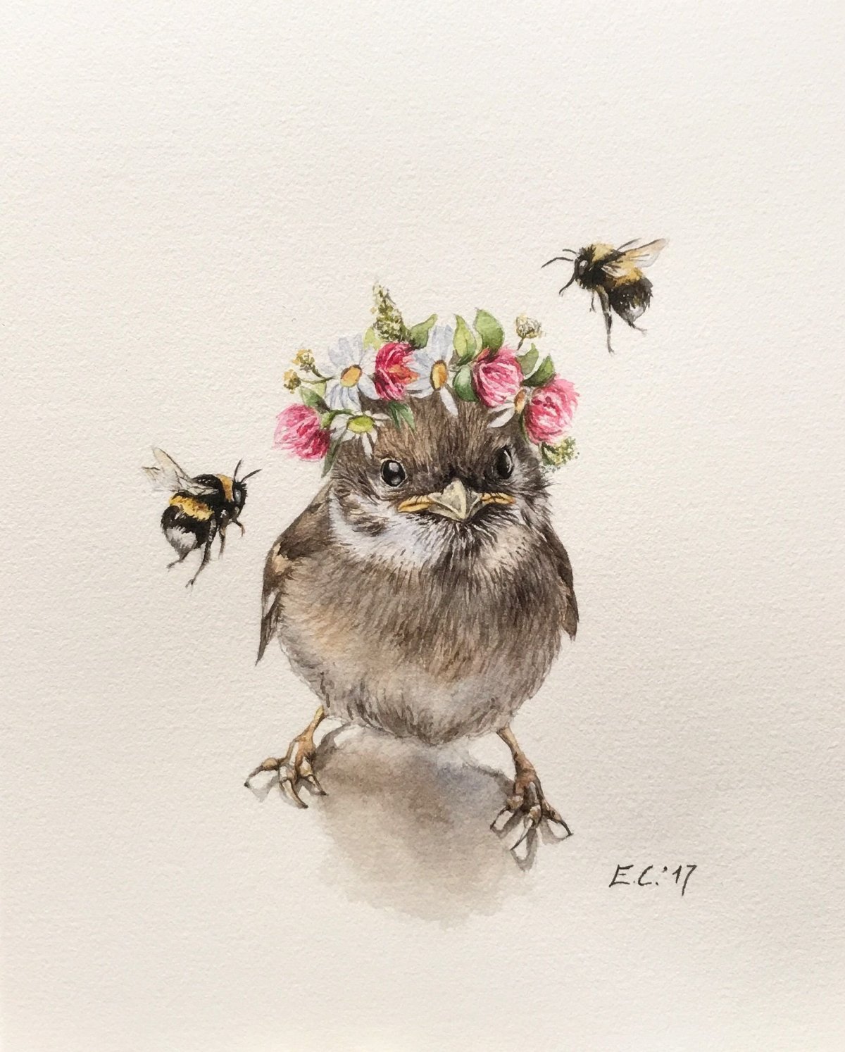 Воробей замерзший акварелью