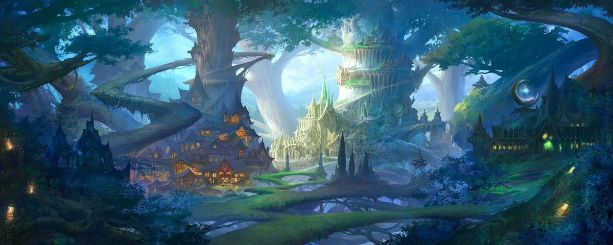 Эльфийская деревня фэнтези арт