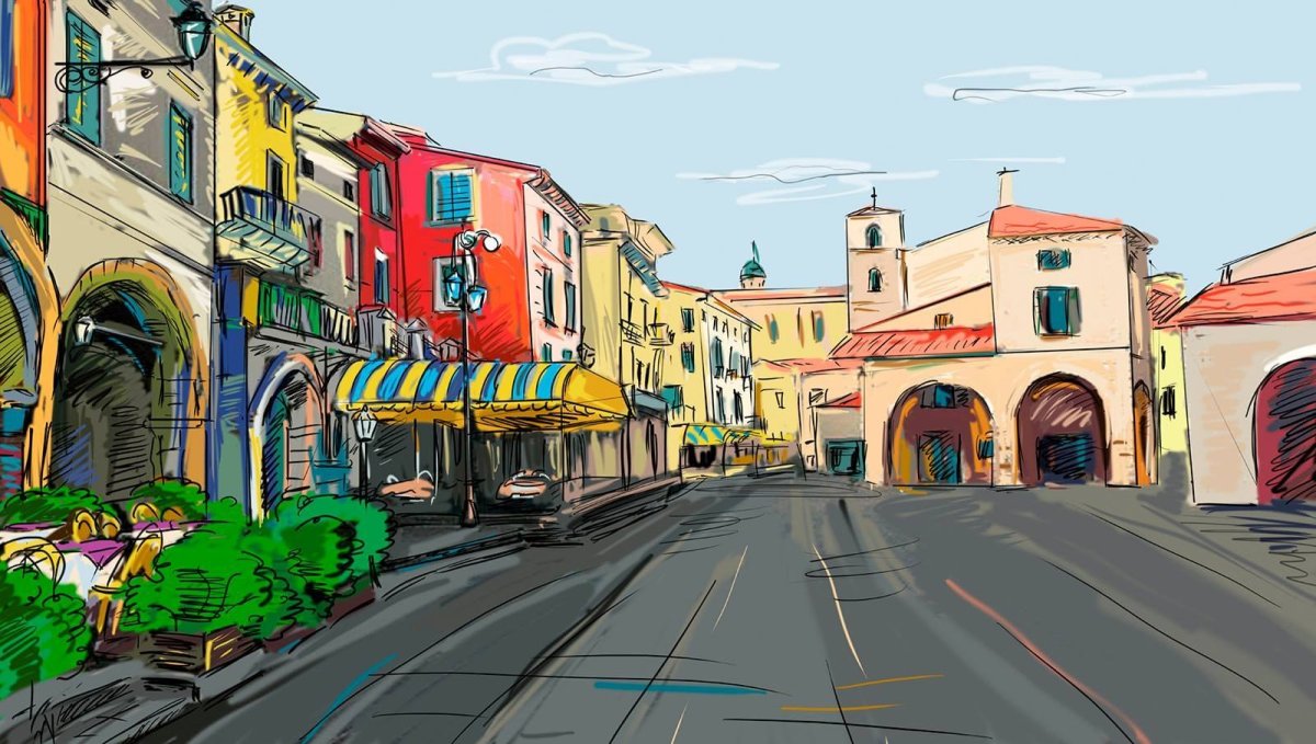 Мультяшный многоэтажный дом в городе