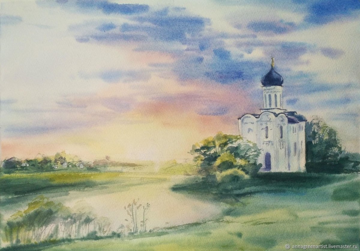 Покрова на Нерли акварель