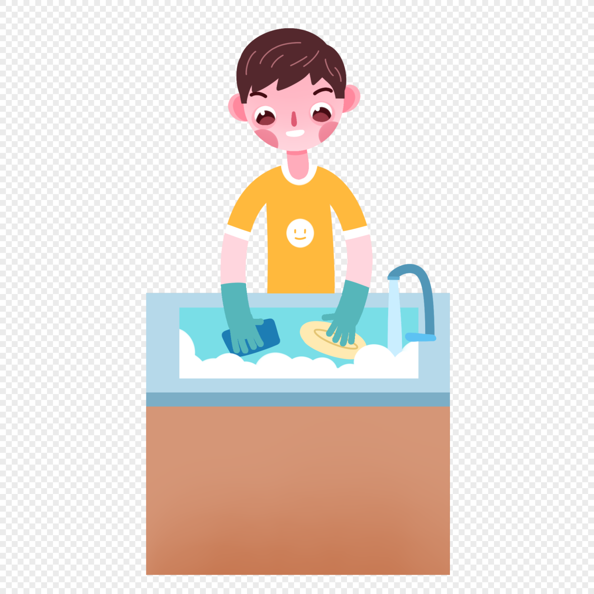 Мальчик моет посуду на белом фоне