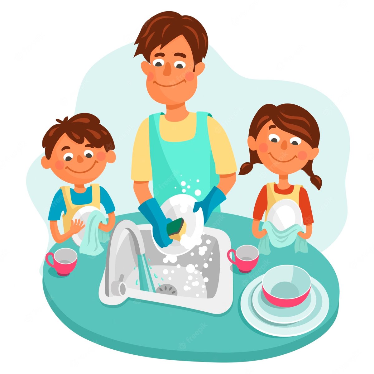 Семья моет посуду вектор
