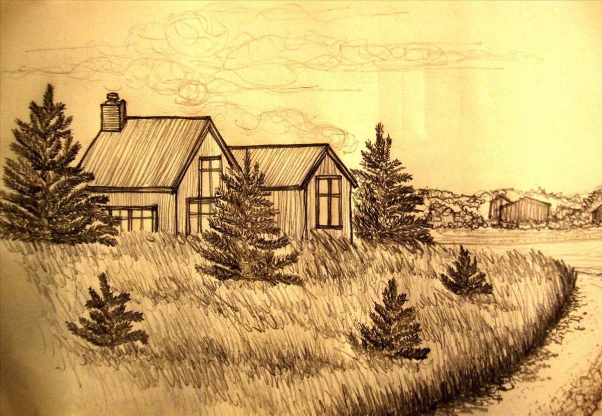 Деревенский пейзаж карандашом