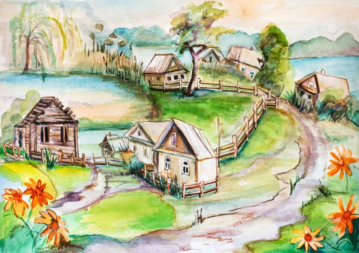 Деревня рисунок детский карандашом