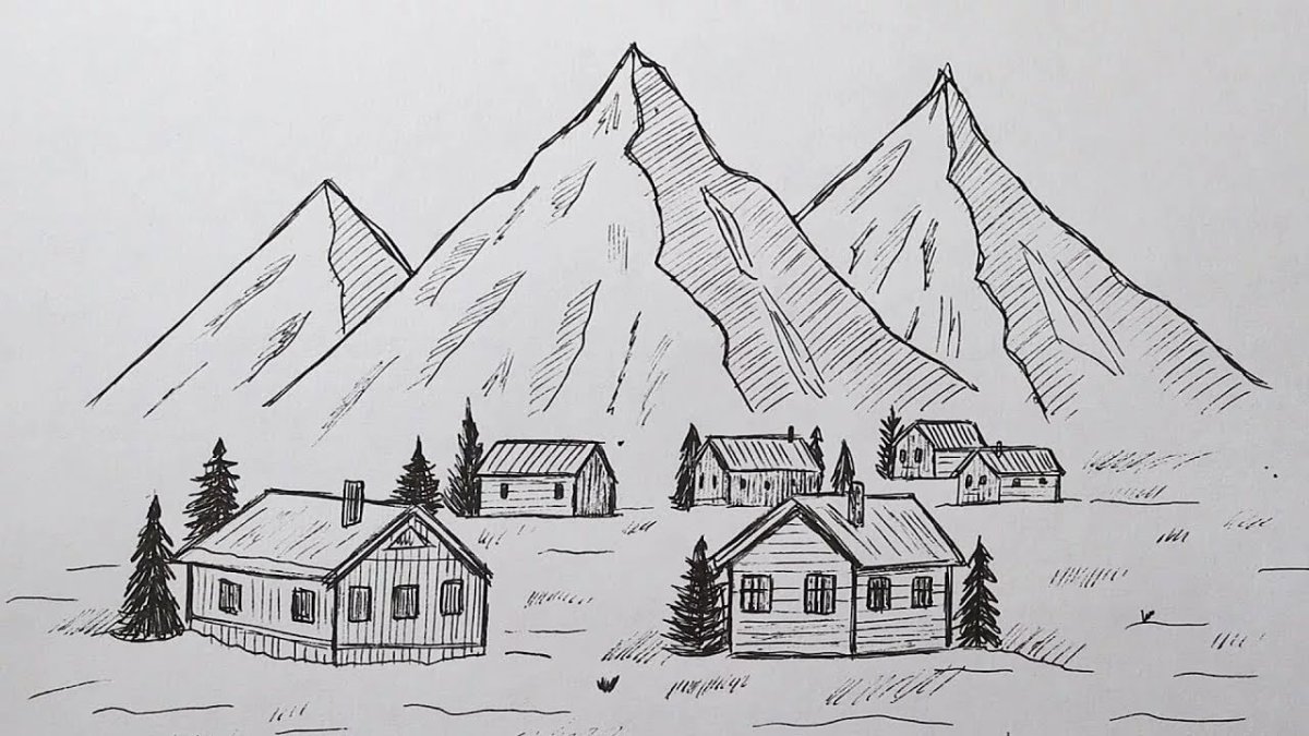 Деревня карандашом для срисовки