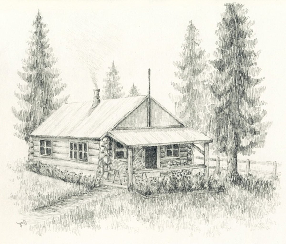 Пейзаж с домиками набросок