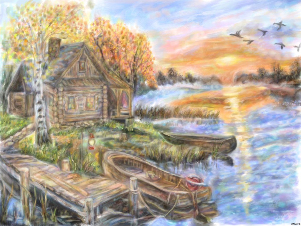 Сельский пейзаж цветными карандашами