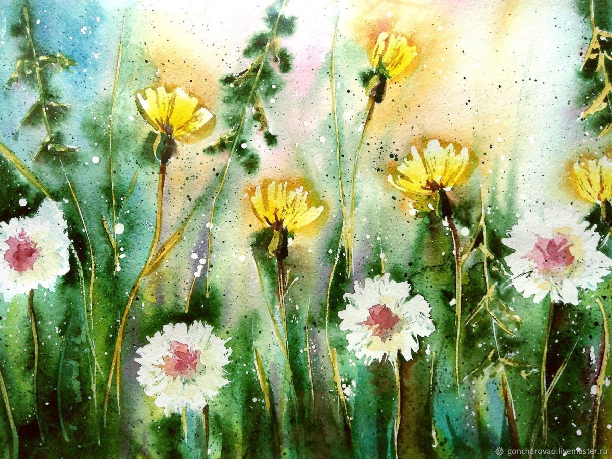 Одуванчиковое поле акварелью