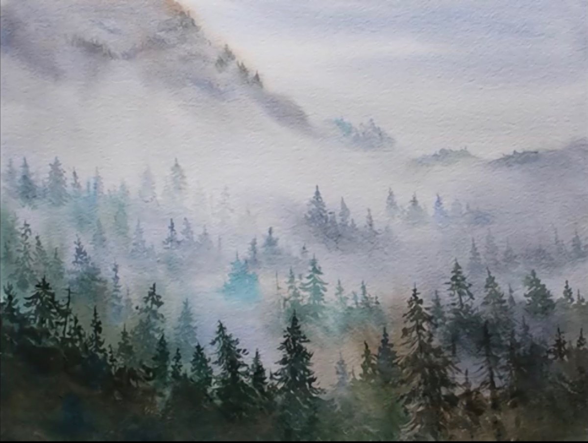 Горы в тумане акварель