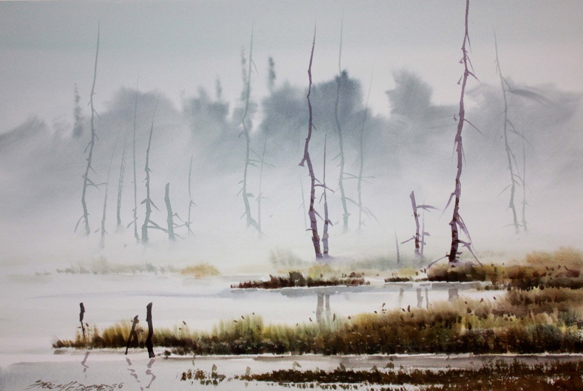Деревья в тумане акварелью