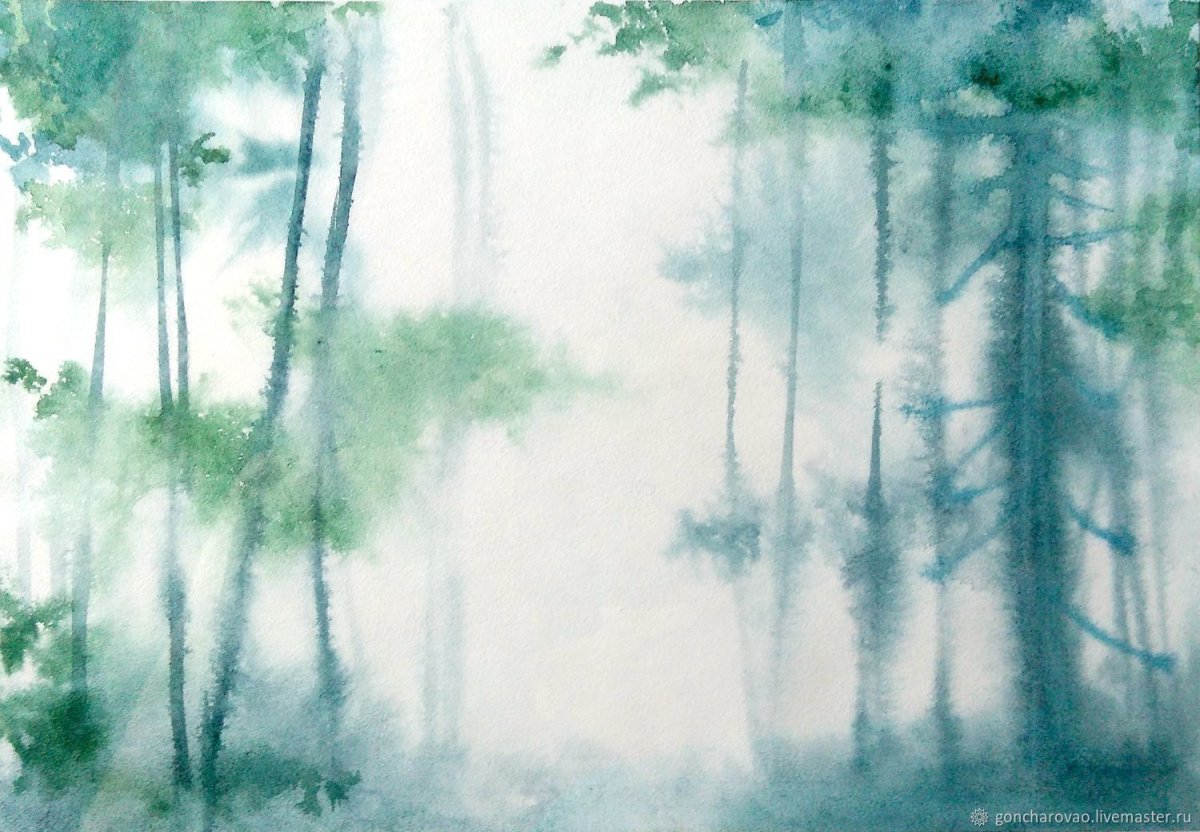 Лес в тумане акварель