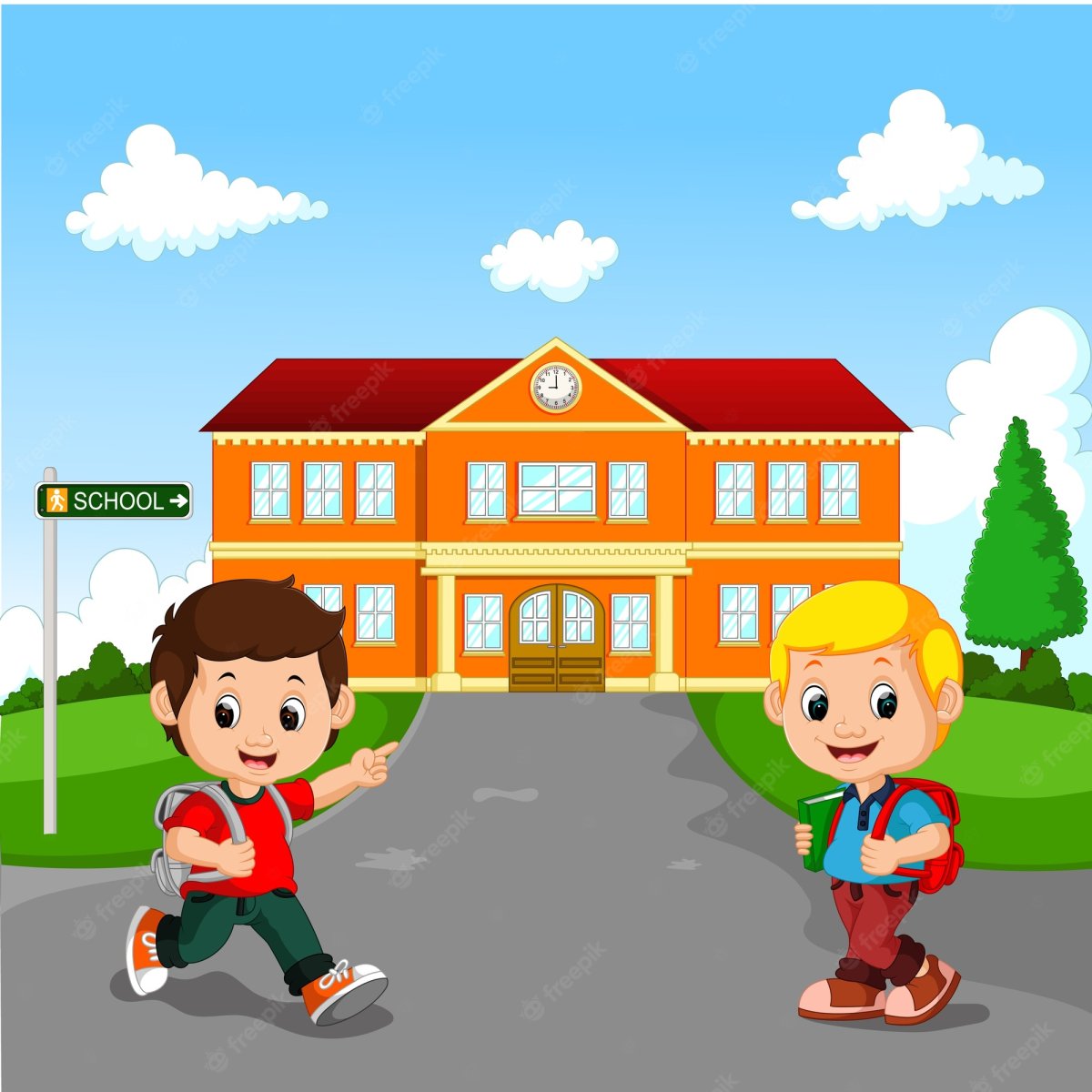 Мультяшные дети идут в школу