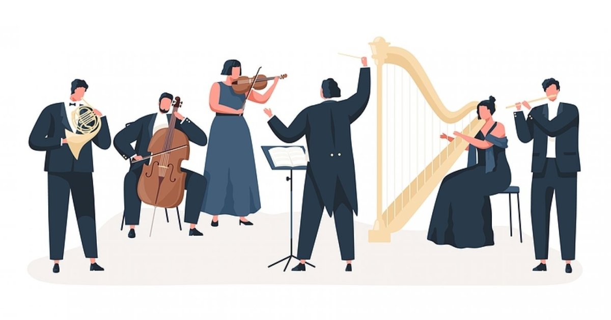 Дирижер дети играют на музыкальных инструментах