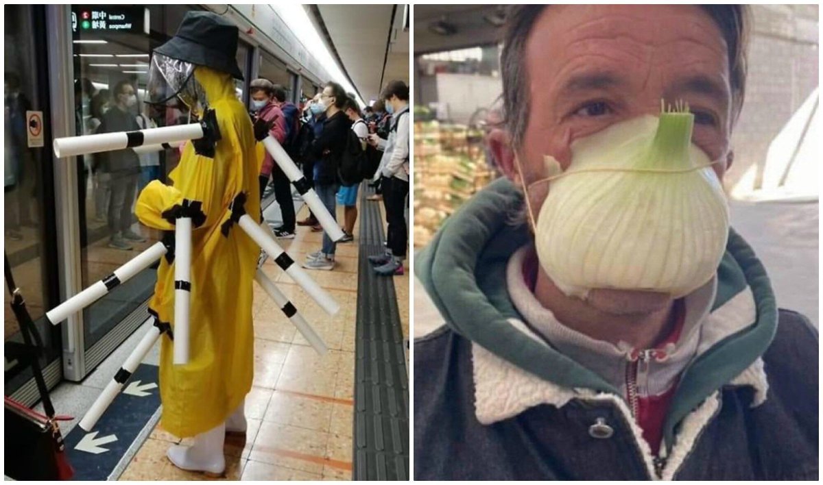 Человек в смешной маске в магазине