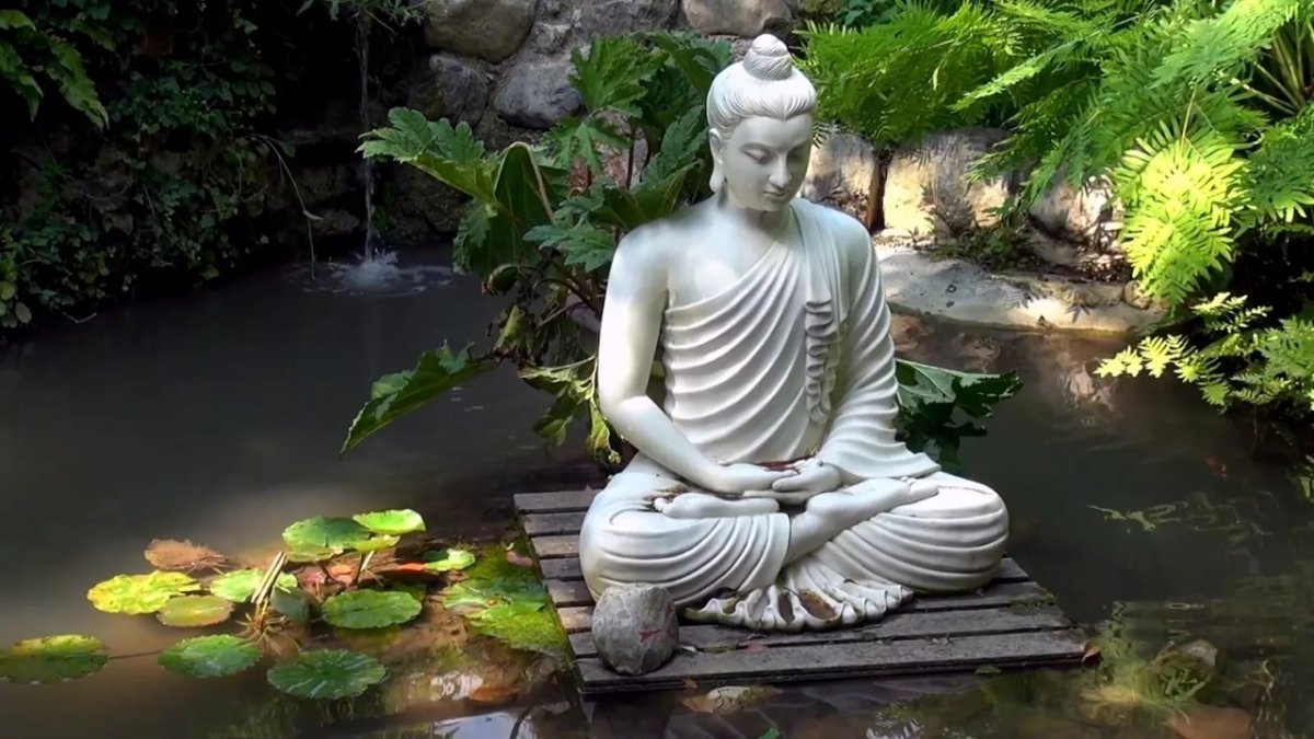 Пруд с Буддой и лотосами