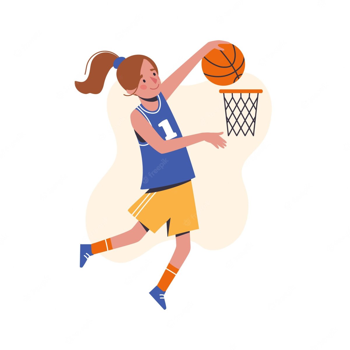 Девочка бросает в корзину мячик