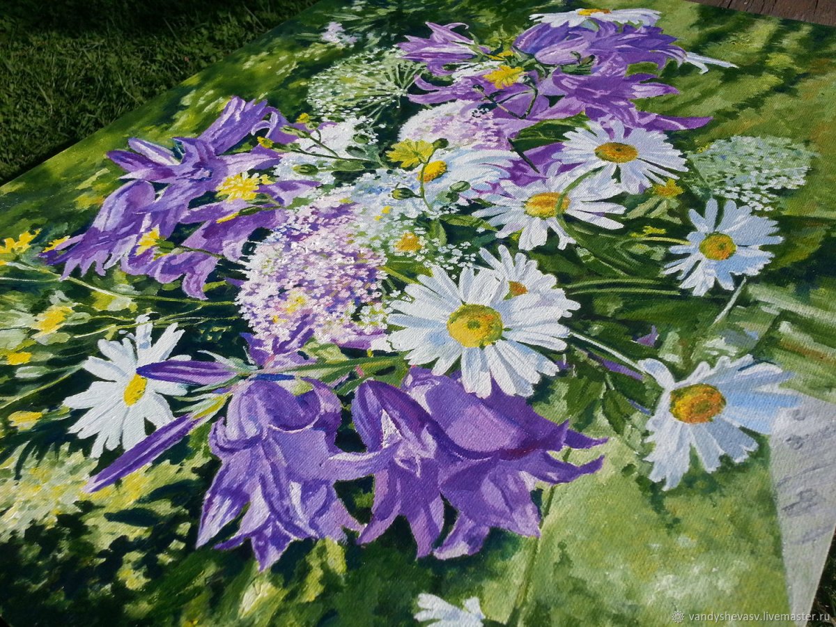 Ромашки с колокольчиками картина