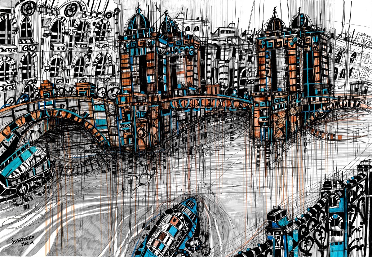 Рисование города маркером черным