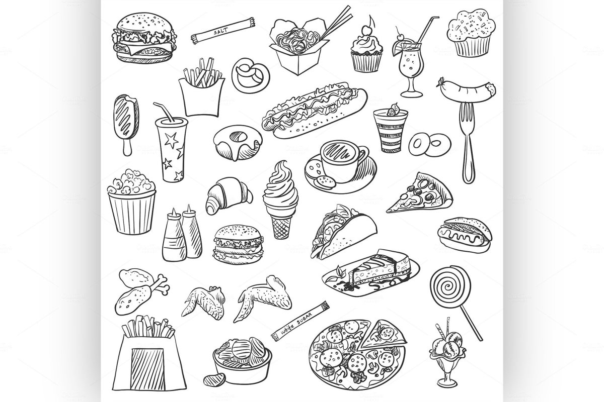Полезная и вредная еда раскраска